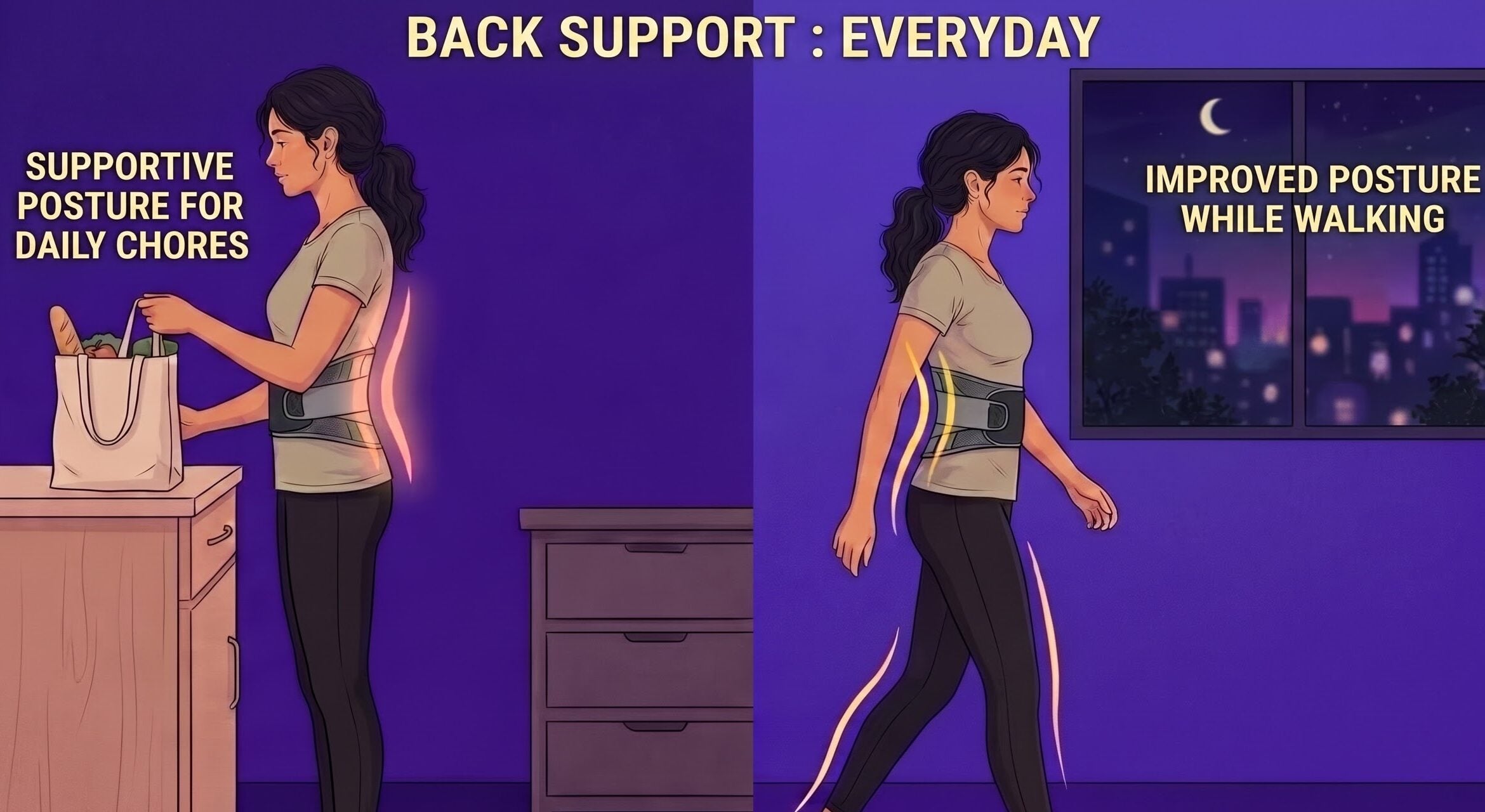 Woman wearing a lumbar back support belt for posture alignment