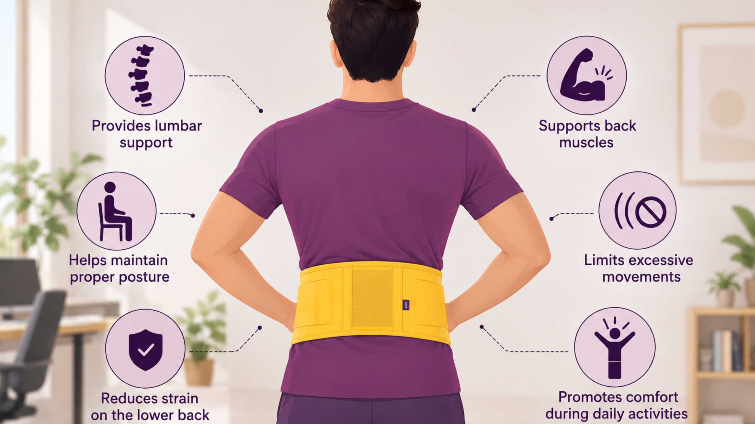 Illustration of a person wearing a back relief belt around the lower back, with visual callouts showing lumbar support, back muscle support, improved posture, reduced lower-back strain, limited excessive movement, and greater comfort during everyday activities.