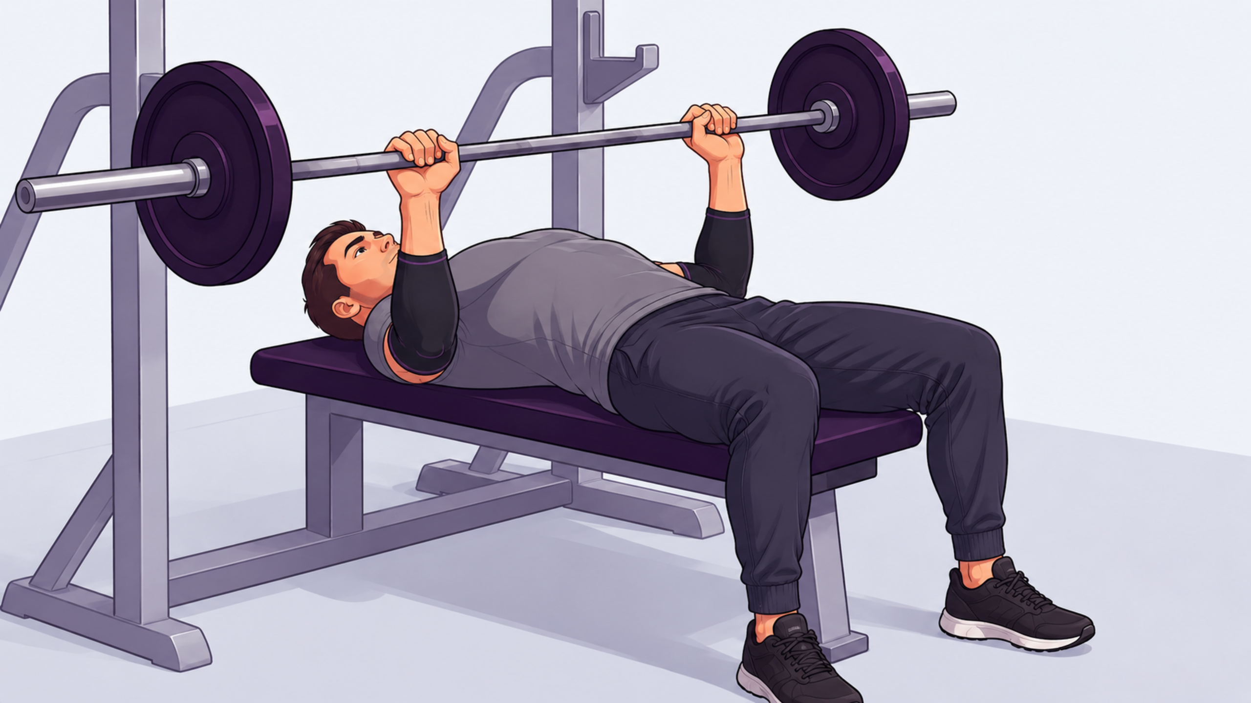 Person doing a barbell bench press comfortably as a preventive measure for elbow pain