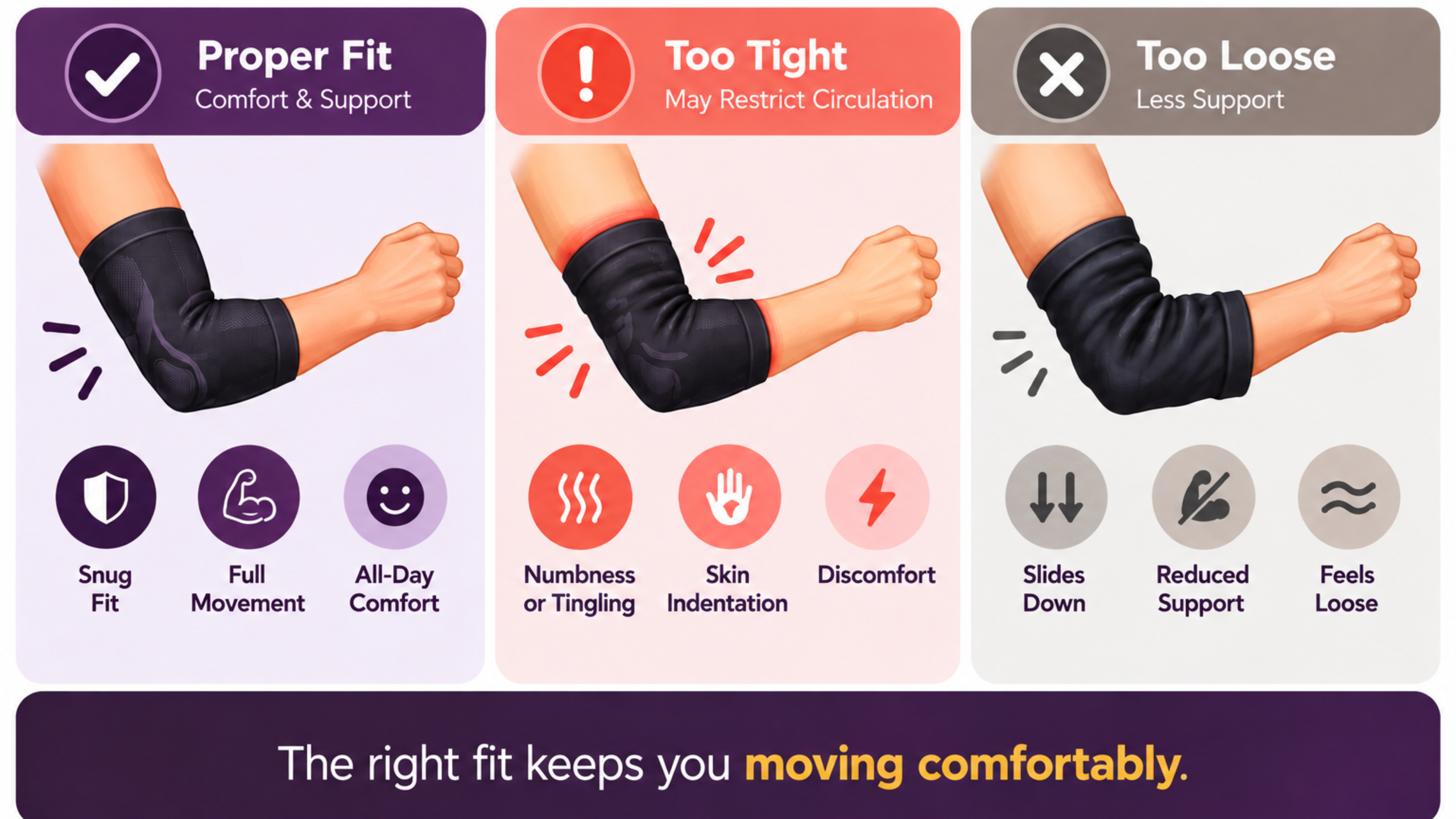 Elbow compression sleeve fit comparison showing proper fit, too tight fit, and too loose fit for comfort and support.