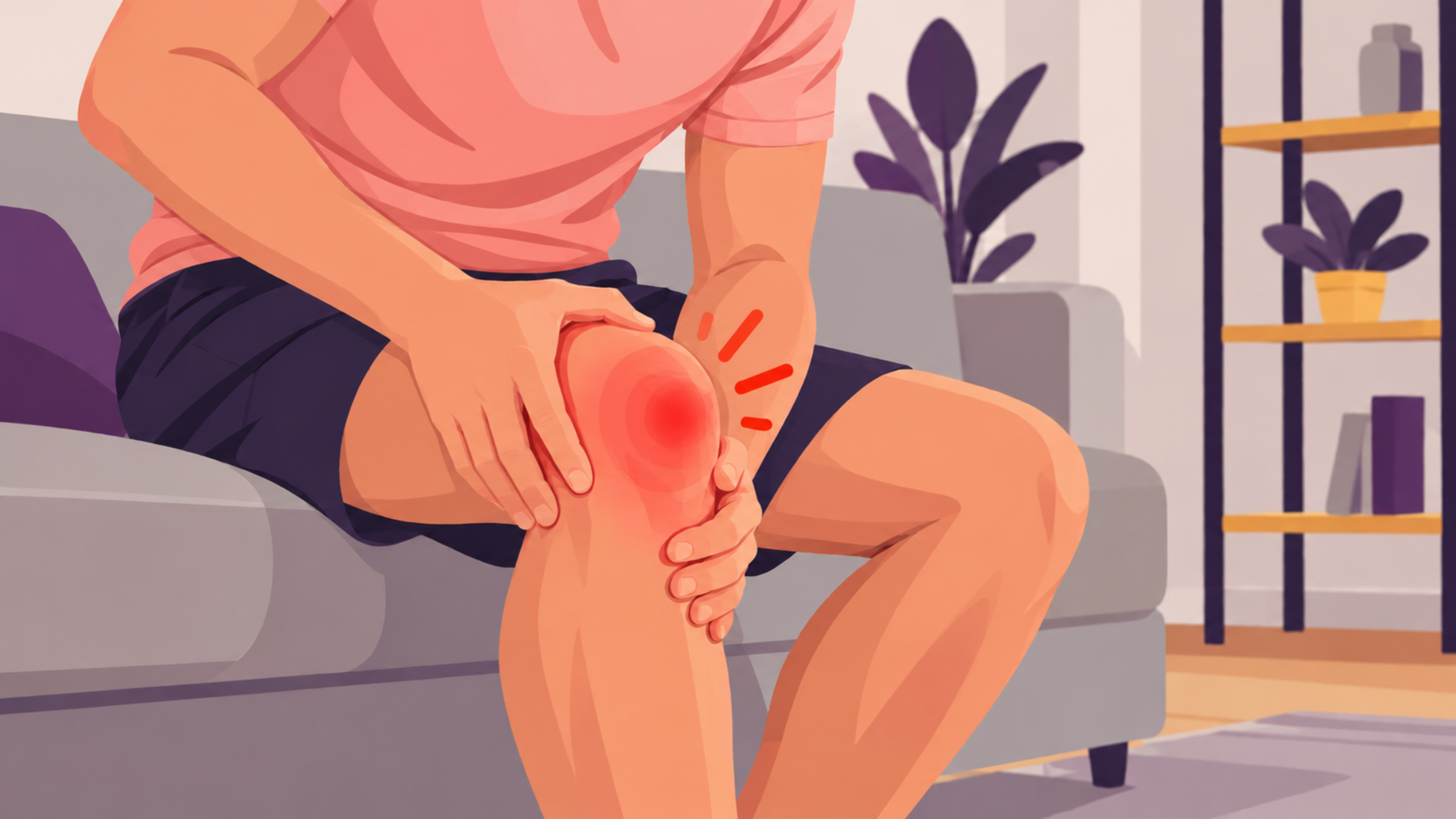 Person experiencing knee pain while holding an inflamed knee while seated on a sofa.
