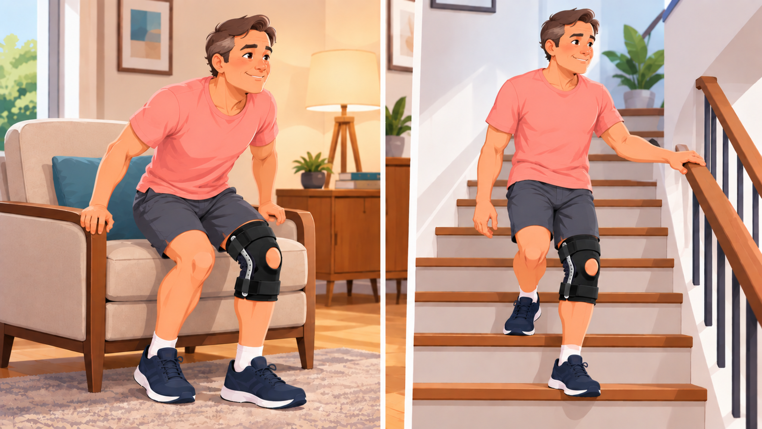 An older adult wearing knee support for arthritis while standing up from a chair and walking down stairs.