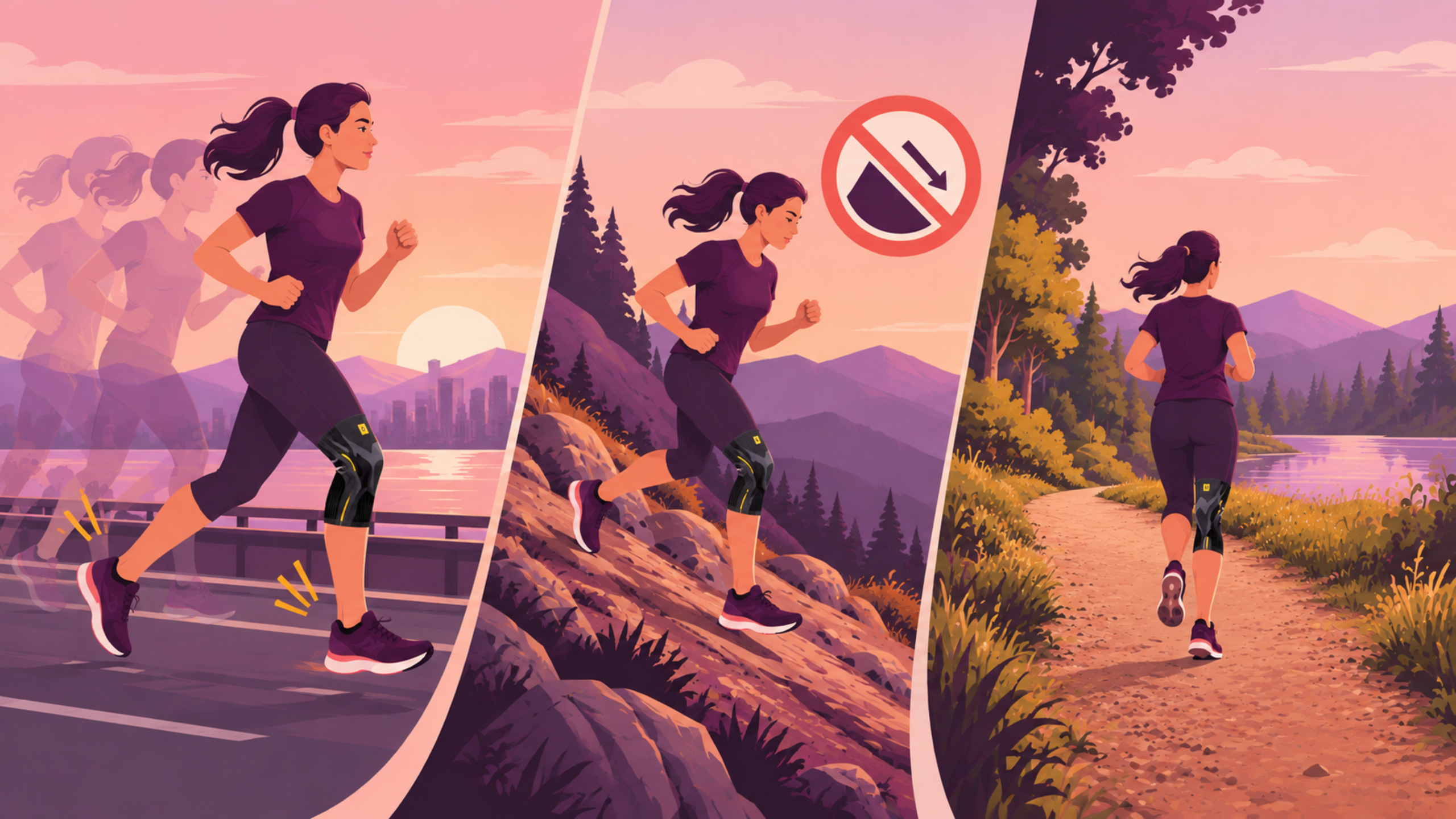 Knee support for running while adjusting cadence, avoiding downhill routes, and choosing softer running surfaces.