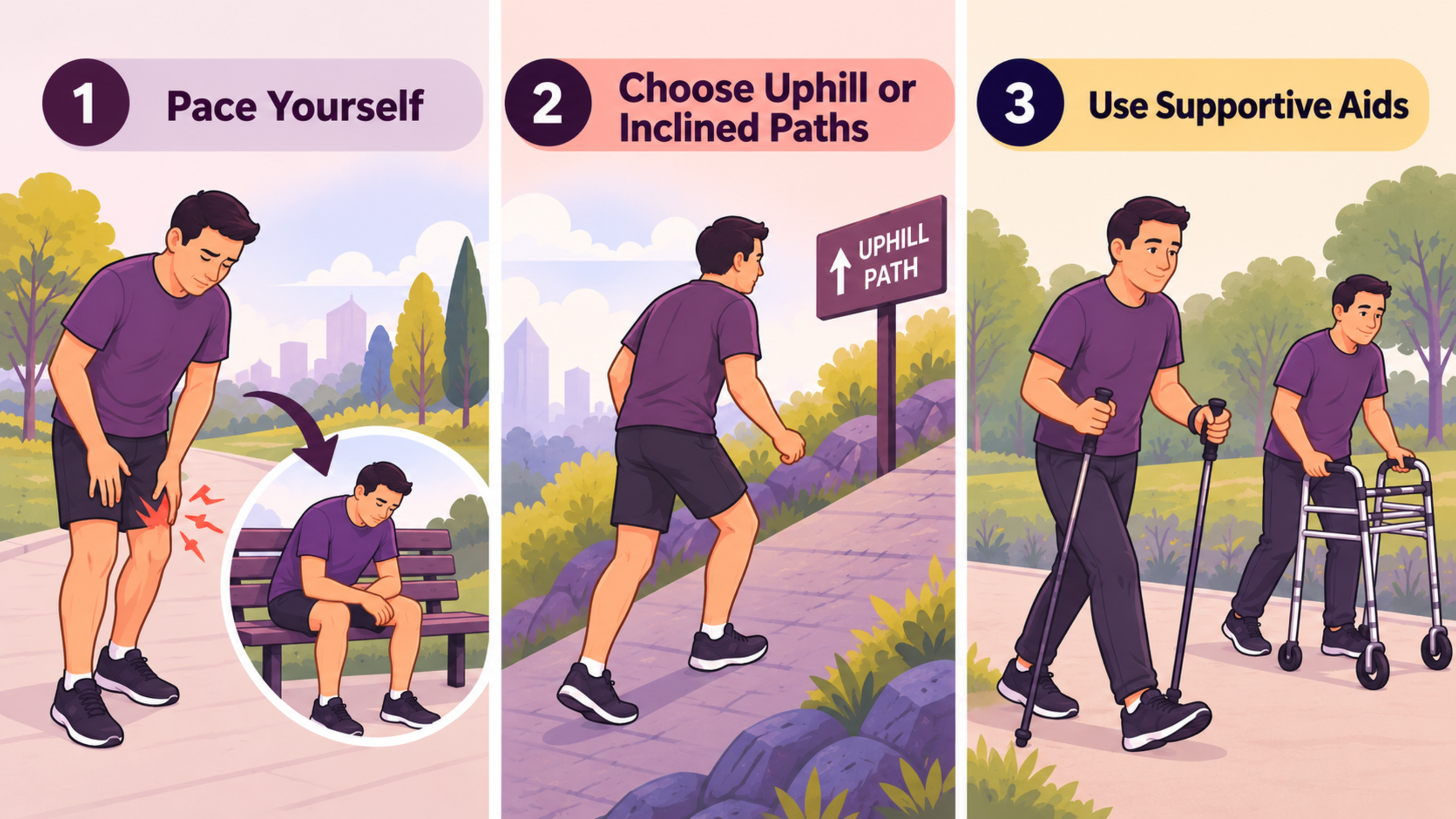 Lumbar spinal stenosis walking relief strategies using rest, uphill paths, and supportive walking aids