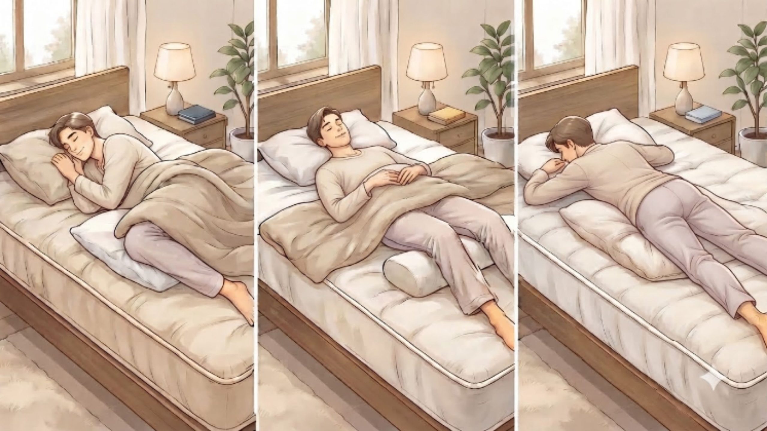 Three sleeping positions and pillow support for reducing morning back pain
