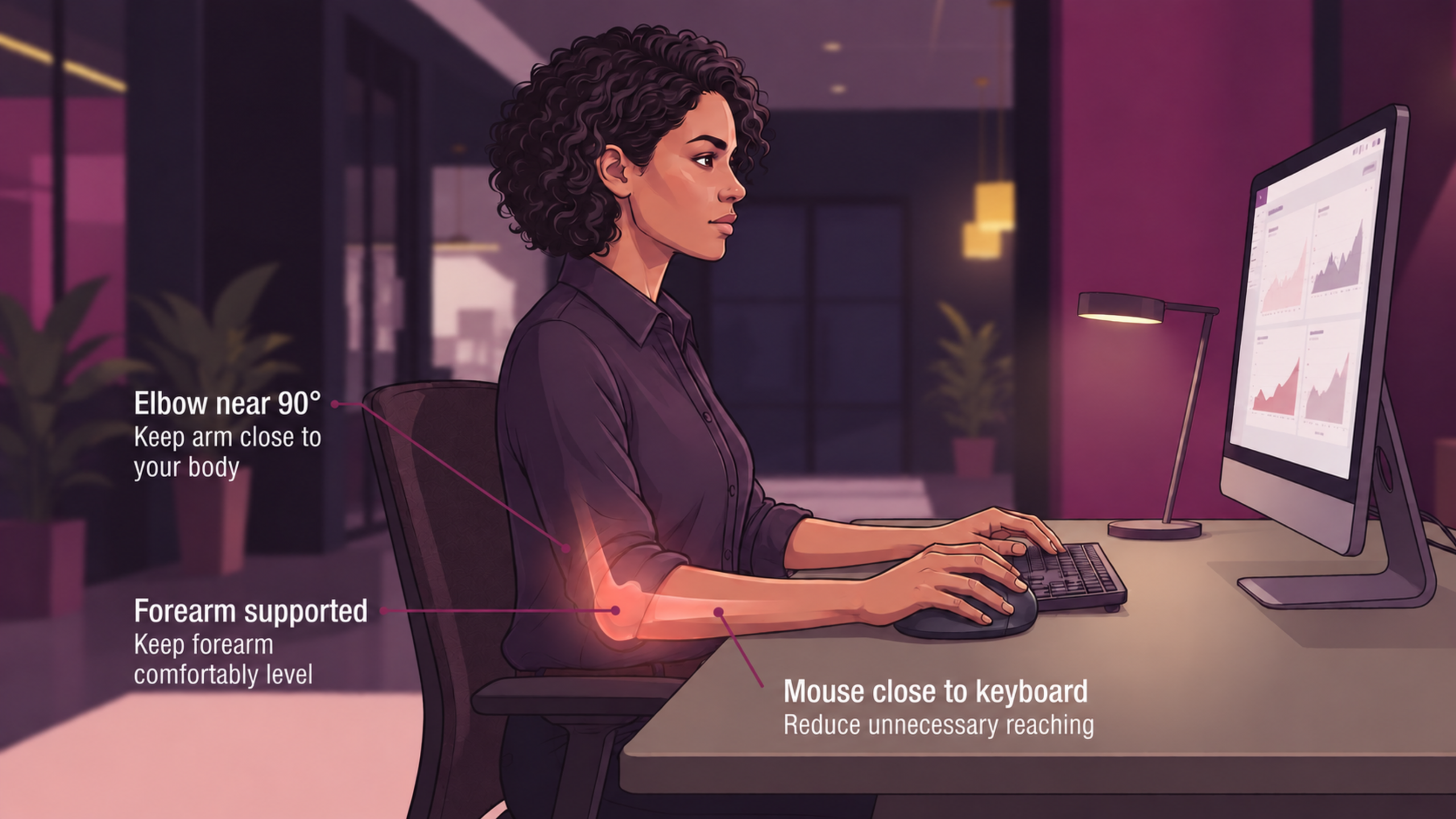 Ergonomic workstation setup to reduce mouse arm strain and forearm pain