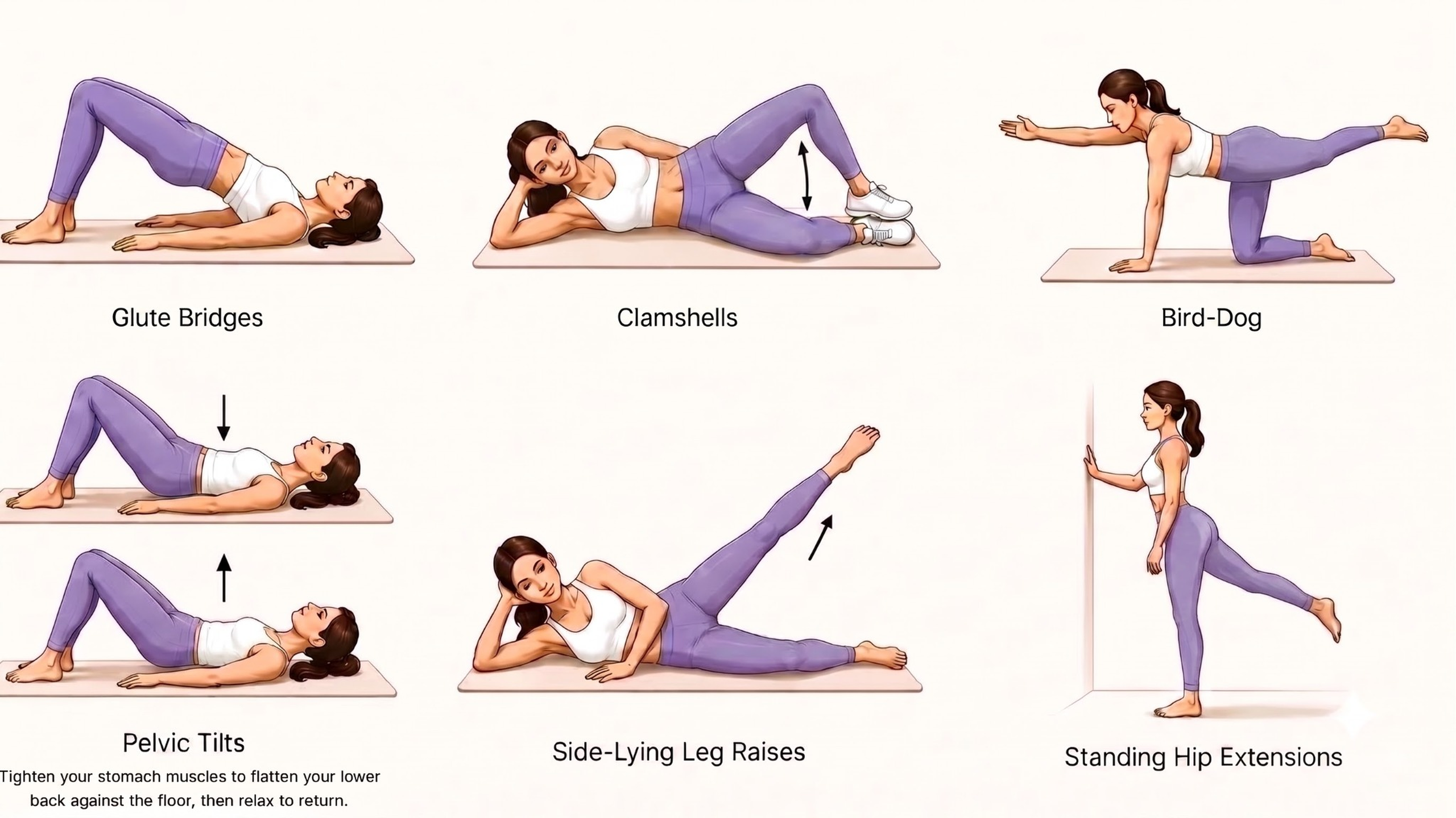 SI joint pain relief exercises including glute bridges, clamshells, bird-dog, pelvic tilts, side-lying leg raises, and standing hip extensions
