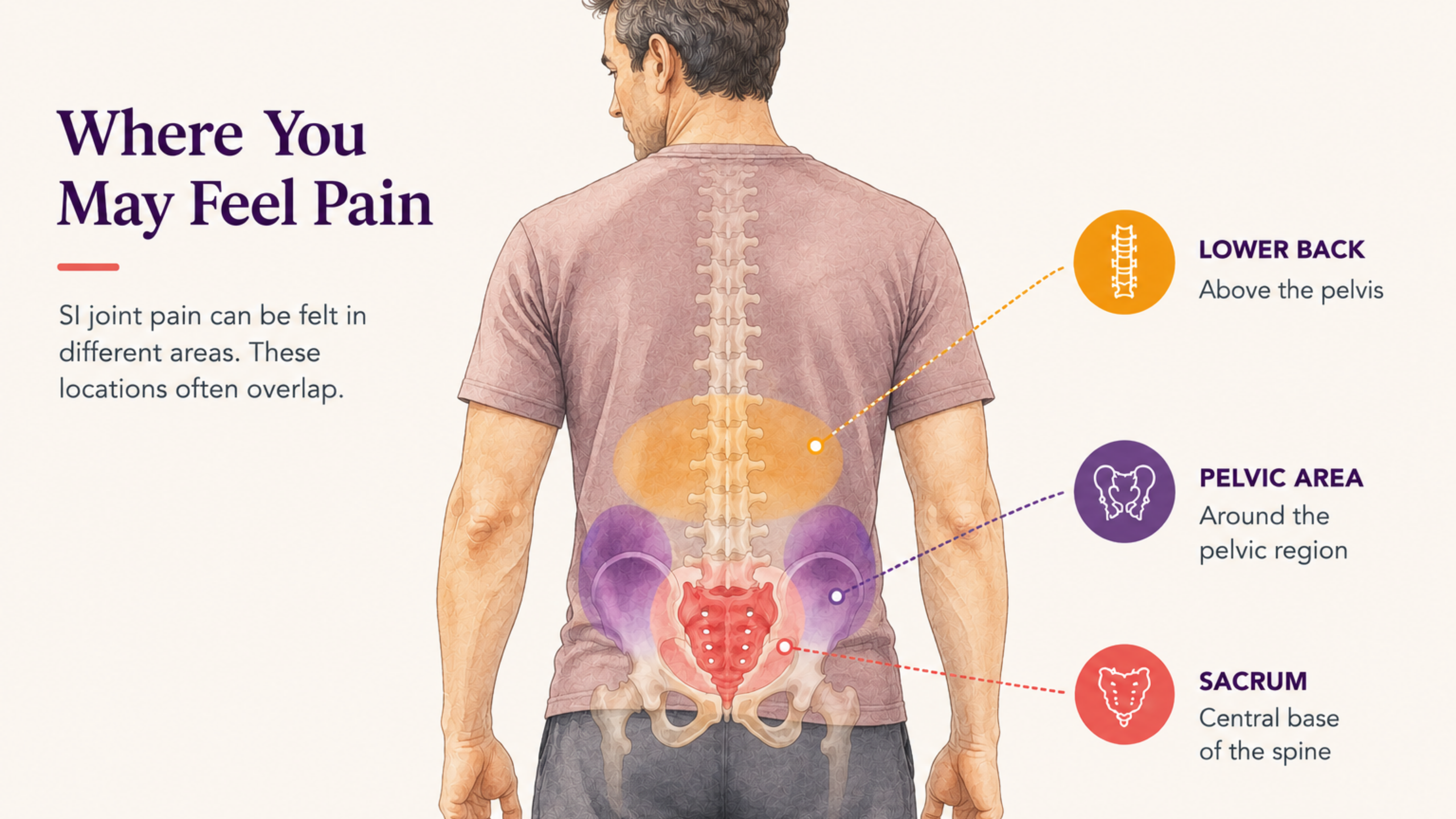 SI joint pain locations showing the lower back, pelvic area, and sacrum
