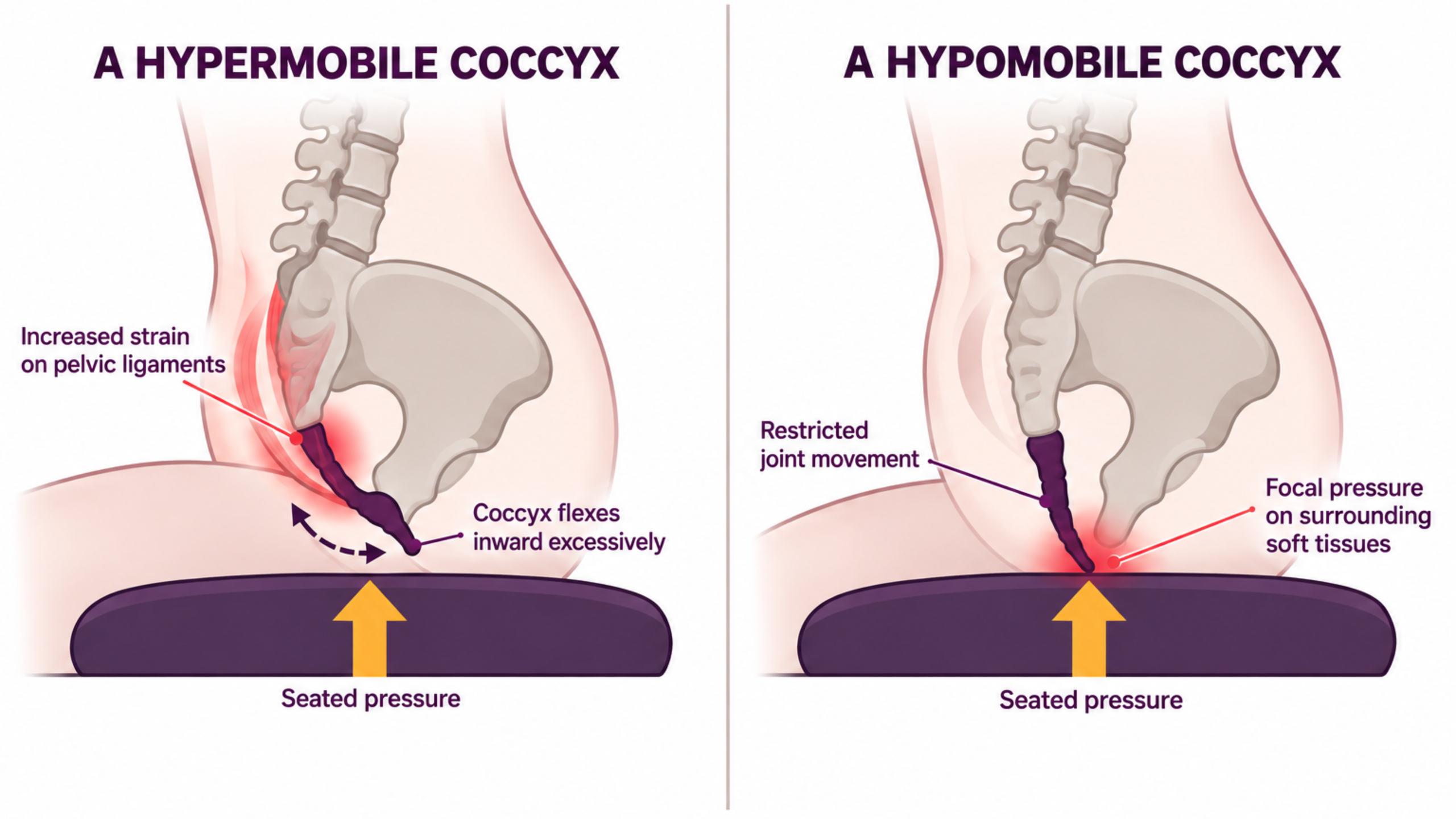 Tailbone pain caused by hypermobile and hypomobile coccyx during sitting