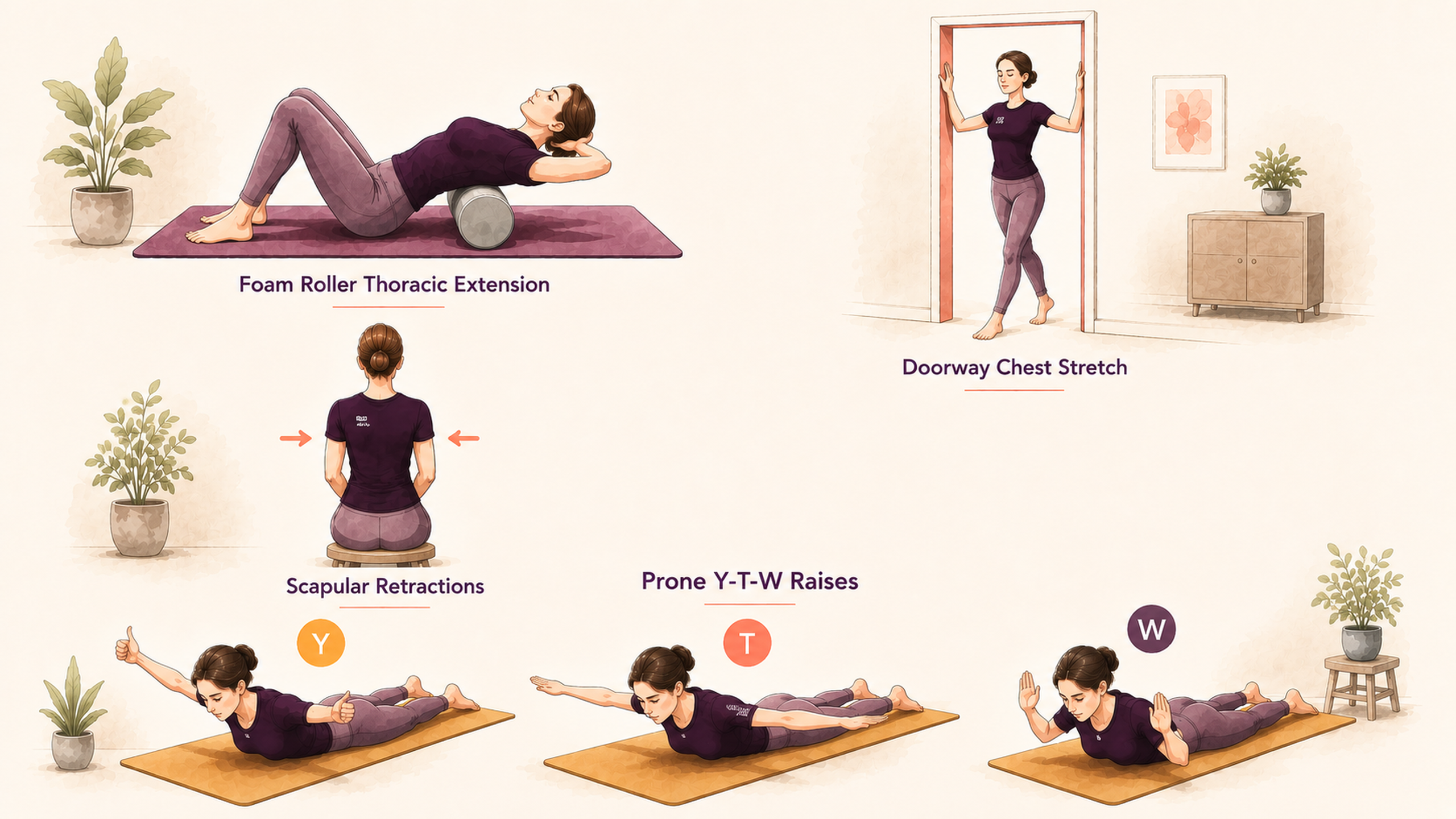 Exercises for upper back pain from sitting, including thoracic extension, chest stretch, scapular retractions, and Y-T-W raises