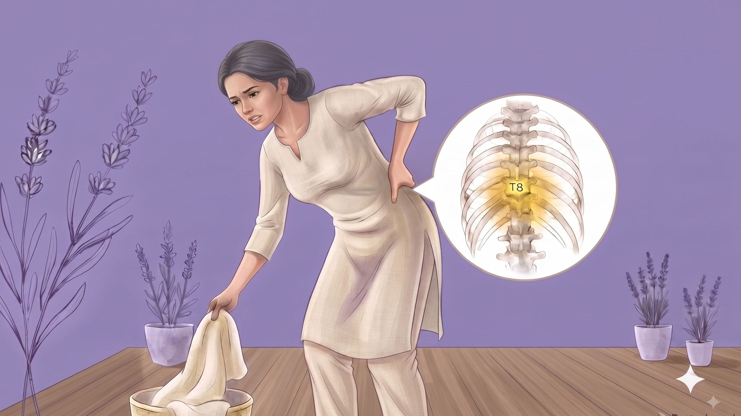 Woman experiencing sudden back pain while lifting laundry, illustrating a T8 thoracic vertebral compression fracture